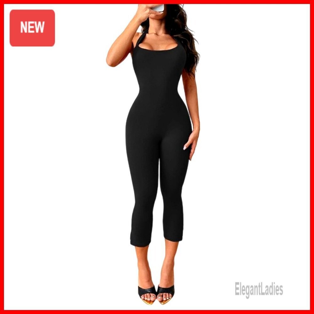 Backless Halter Jumpsuit Bodycon Romper Polyester Sleeveless Small